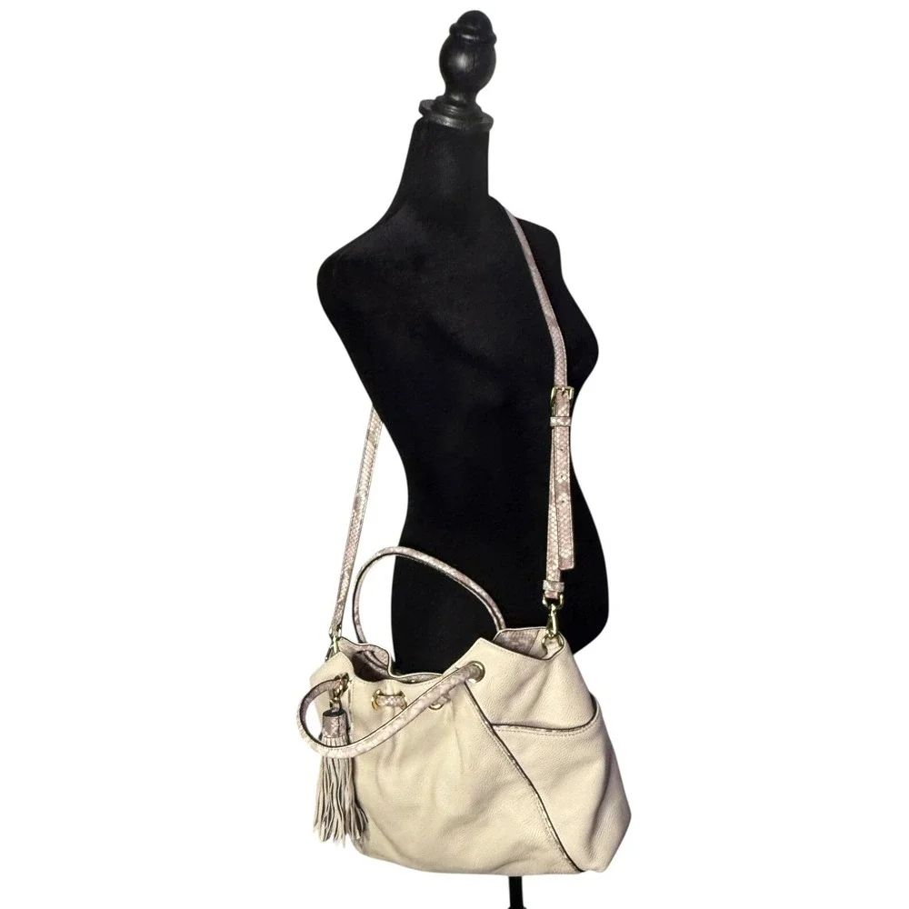 Michael Kors Pebbled Leather Bag Snake Print Tassel Fringe Logo Crossbody Purse‎